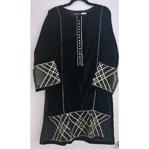 NWT Beejays Pret Pakistani Tunic Dress Women's Black Velvet Embellished